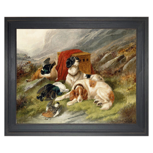 "Guarding the Day's Bag" by John Gifford Hunting Dogs Framed Oil Painting Print on Canvas in Distressed Black Wood Frame.