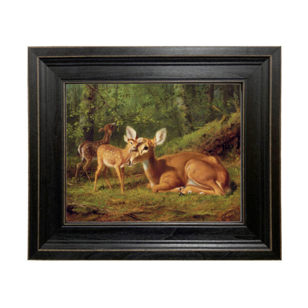 Doe and Twin Fawns by Tait Framed Oil Painting Print on Canvas in Distressed Black Wood Frame