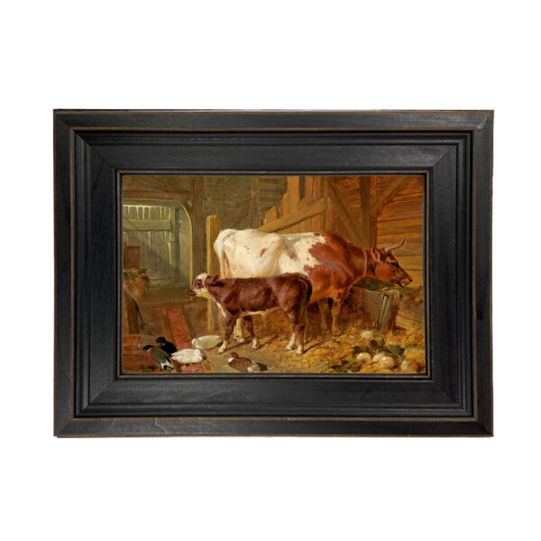 A Cow and Her Calf in Stable Interior with Ducks by Herring Framed Oil Painting Print on Canvas in Distressed Black Wood Frame