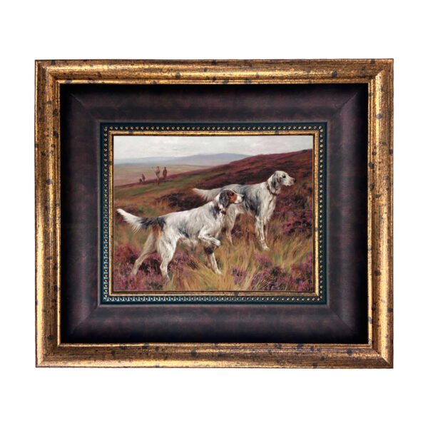 Two Setters on a Grouse by Arthur Wardle Framed Oil Painting Print on Canvas in Wide Brown and Antiqued Gold Frame- An 8" x 10" framed to 13-3/4" x 15-3/4"