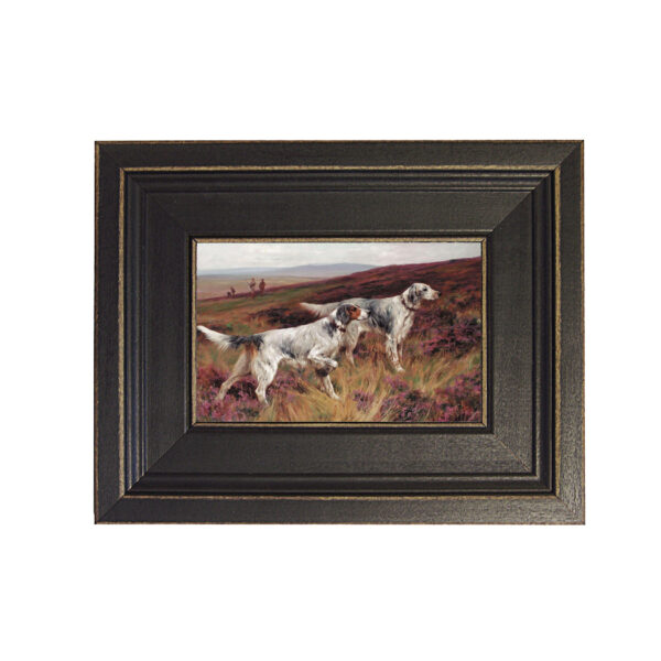 Two Setters on a Grouse by Arthur Wardle Framed Oil Painting Print on Canvas in Distressed Black Wood Frame