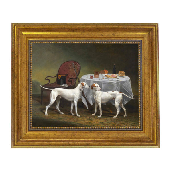 English Pointers Hunting Dogs Framed Oil Painting Print on Canvas in Antiqued Gold Frame. An 8" x 10" framed to 11-1/2" x 13-1/2".