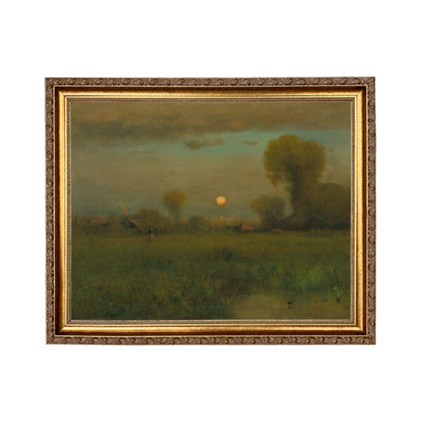 Harvest Moon Country Landscape Oil Painting Print on Canvas in Thin Gold Frame