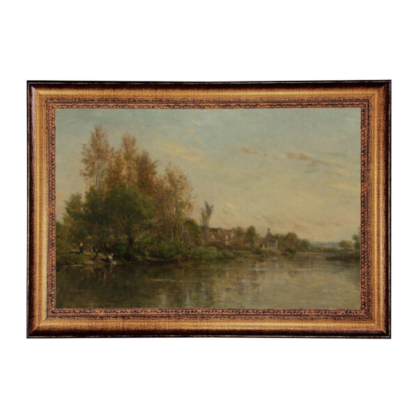 On the Banks of the River Landscape Oil Painting Print on Canvas in Distressed Gold and Black Frame- Framed to 22