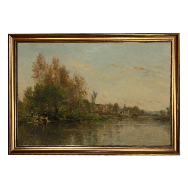 On the Banks of the River Landscape Oil Painting Print on Canvas in Antiqued Gold Frame- Framed to 23-1/2" x 33-1/2"