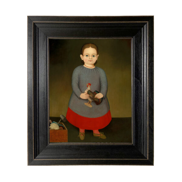 Primitive Child with Toy Rooster Framed Oil Painting Print on Canvas in Distressed Black Wood Frame