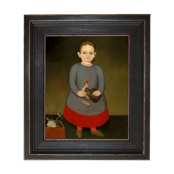 Primitive Child with Toy Rooster Framed Oil Painting Print on Canvas in Distressed Black Wood Frame