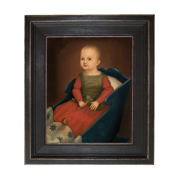 Primitive Baby in Cradle Framed Oil Painting Print on Canvas in Distressed Black Wood Frame