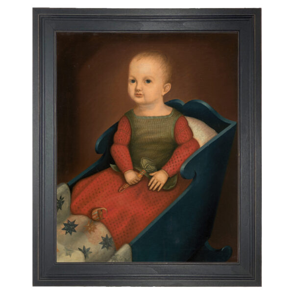 Primitive Baby in Cradle Framed Oil Painting Print on Canvas in Distressed Black Wood Frame