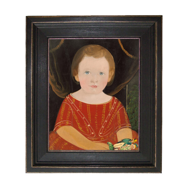 Primitive Boy in Red with Toy Framed Oil Painting Print on Canvas in Distressed Black Wood Frame