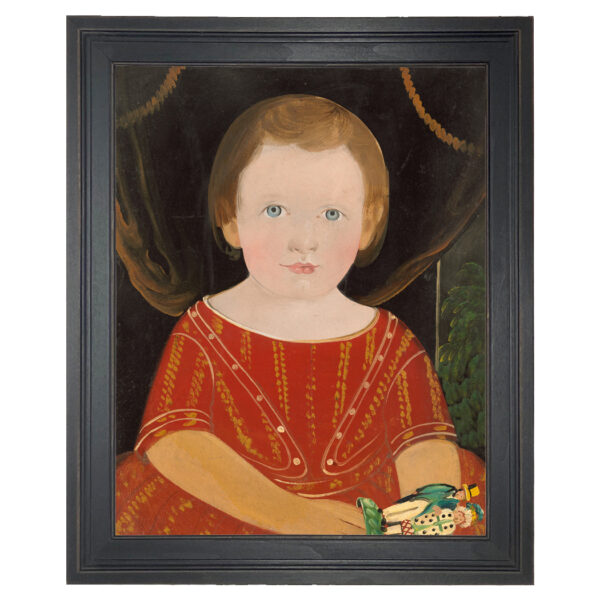 Primitive Boy in Red with Toy Framed Oil Painting Print on Canvas in Distressed Black Wood Frame