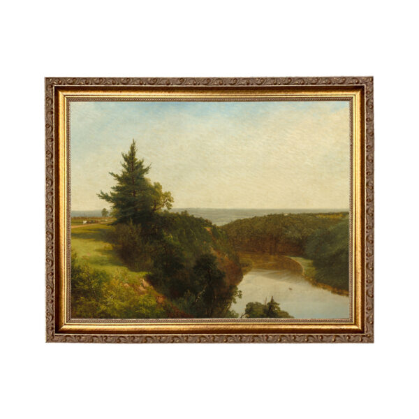 River View Scenic Landscape Oil Painting Print on Canvas in Thin Gold Frame