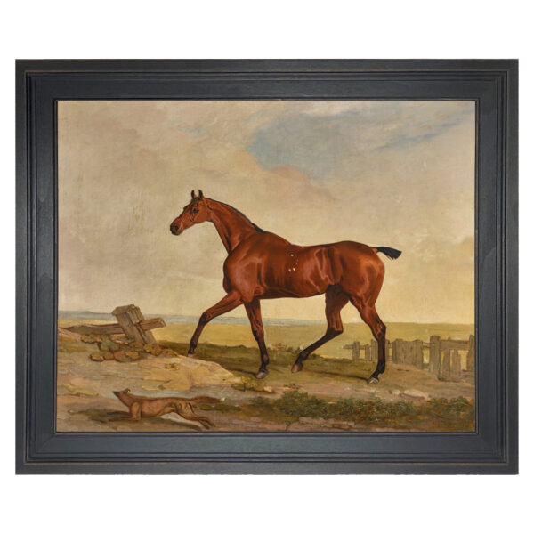 A Bay Hunter with a Fox at It's Side Framed Oil Painting Print on Canvas in Distressed Black Solid Wood Frame- A 16" x 20" Framed to 21-1/2" x 25-1/2"