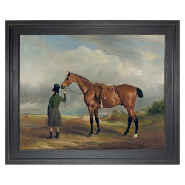 Horse and His Groomer Framed Oil Painting Print on Canvas in Distressed Black Frame- A 16" x 20" Framed to 19-1/2" x 23-1/2".