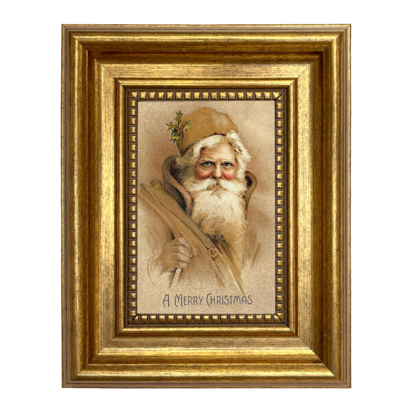 Father Christmas Victorian Print on Canvas in Antiqued Gold Frame- 4"x6" Print - 7-1/2" x 9-1/2" Framed