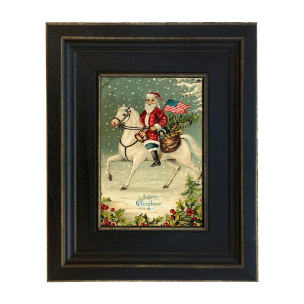 Santa Claus with American Flag Victorian Print on Canvas in Distressed Black Frame- 4"x6" Print - 7-1/2" x 9-1/2" Framed