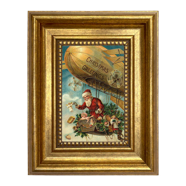 Santa Claus in Flying Machine Victorian Print on Canvas in Antiqued Gold Frame- 4x6" Print - 7-1/2" x 9-1/2" Framed