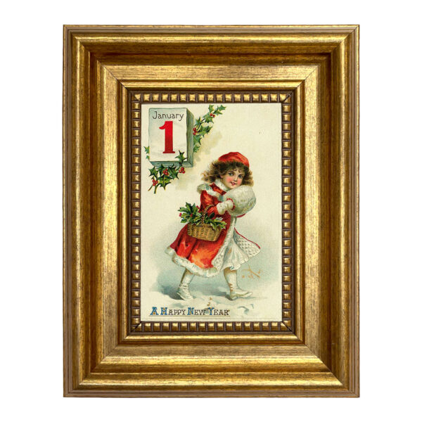 Victorian Girl with Basket of Holly New Year's Print on Canvas in Antiqued Gold Frame- 4x6" Print - 7-1/2" x 9-1/2" Framed