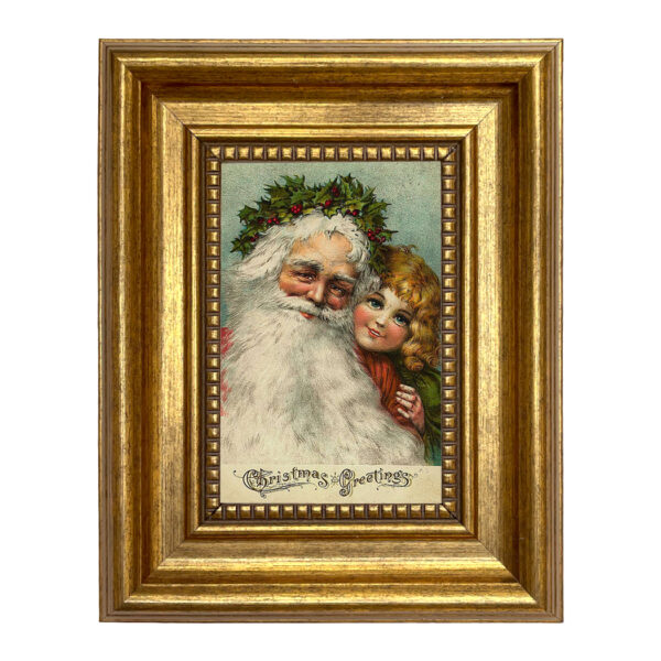 Santa with Little Girl Victorian Print on Canvas in Antiqued Gold Frame- 4x6" Print - 7-1/2" x 9-1/2" Framed