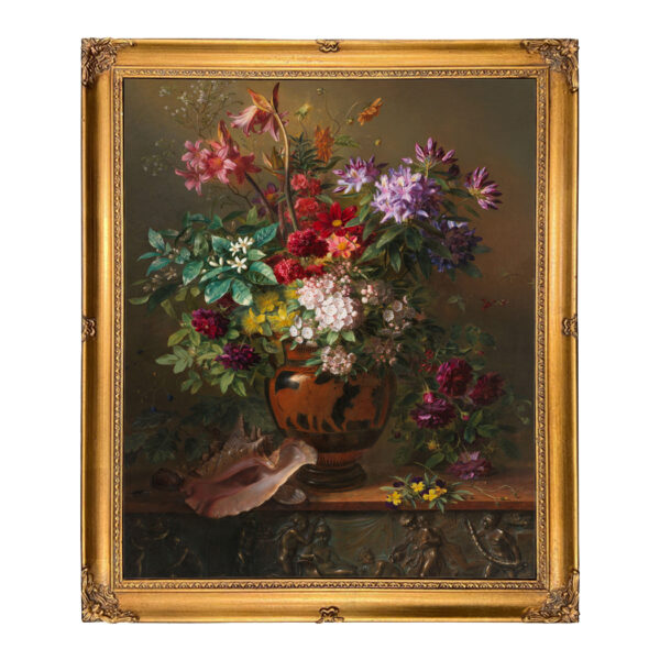 Dutch Floral Still Life Oil Painting Print on Canvas in Antiqued Gold Wood Frame- A 16" x 20" Print - Framed to 18" x 20"