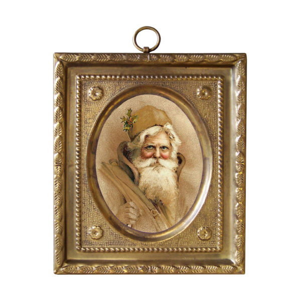 4-1/2" Father Christmas Print in Embossed Brass Frame- Antique Vintage Style