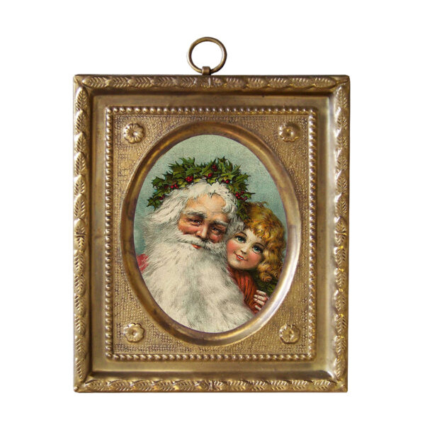 4-1/2" Santa with Little Girl Print in Embossed Brass Frame- Antique Vintage Style
