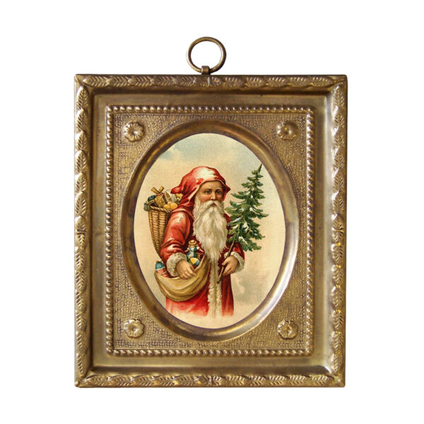 4-1/2" Santa Claus with Tree and Toys Print in Embossed Brass Frame- Antique Vintage Style