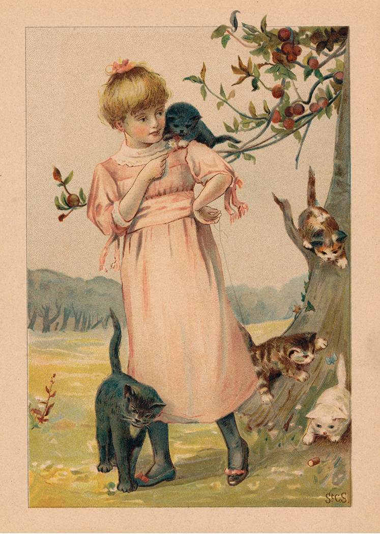 Portrait Farm Young Girl with Pet Cats Vintage Illustration Prin ...