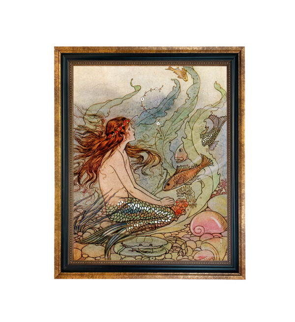 Nautical Nautical Mermaid Wishes Framed Print Behind Glass, Gold & Black Frame