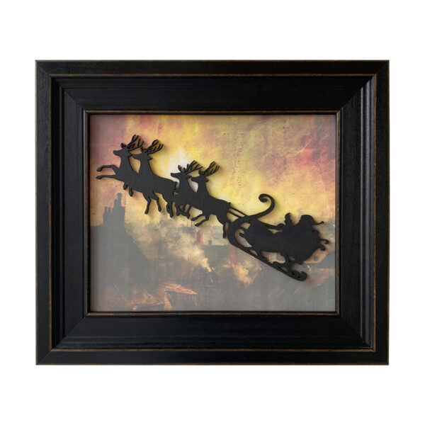 Christmas Christmas Coming to Town, Santa Claus and Reindeer Framed Wood Silhouette