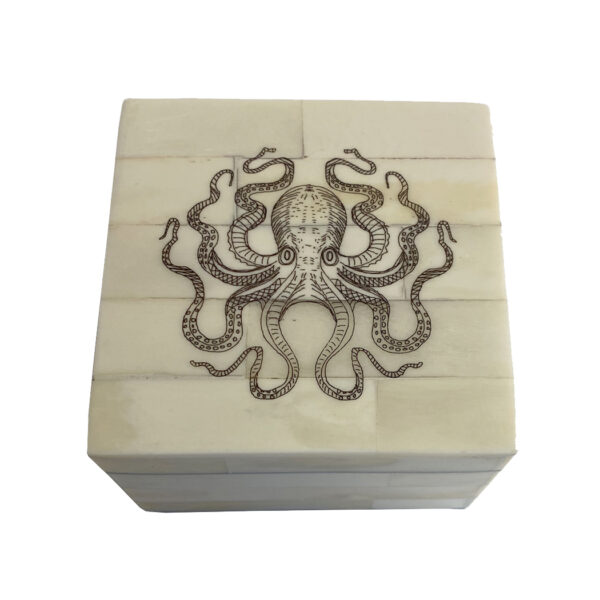 Scrimshaw/Horn & Bone Boxes Botanical/Zoological 3-1/4″  Octopus White Bone Box