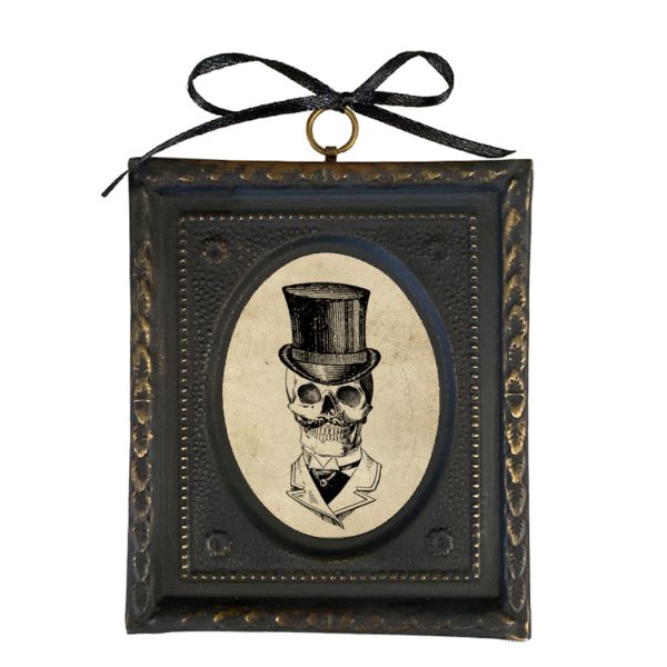 Halloween Decor Halloween 4-1/2″ Gentleman Skull Print in Embossed Black & Brass Frame