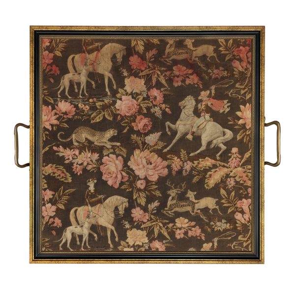 Trays & Barware Botanical/Zoological Pink and Brown Equestrian Fabric Print Decorative Tray with Brass Handles