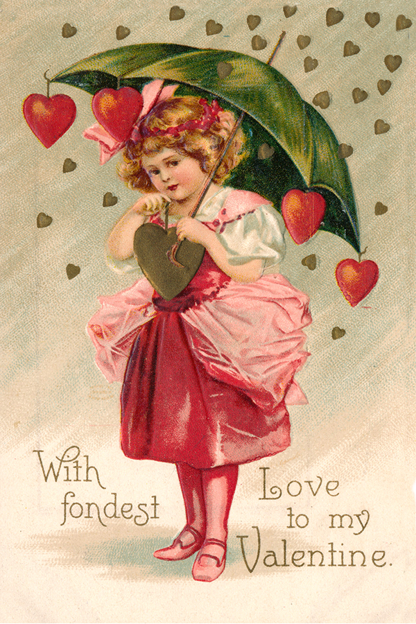 Prints Valentines Little Girl with Umbrella Valentine’s Postcard Print