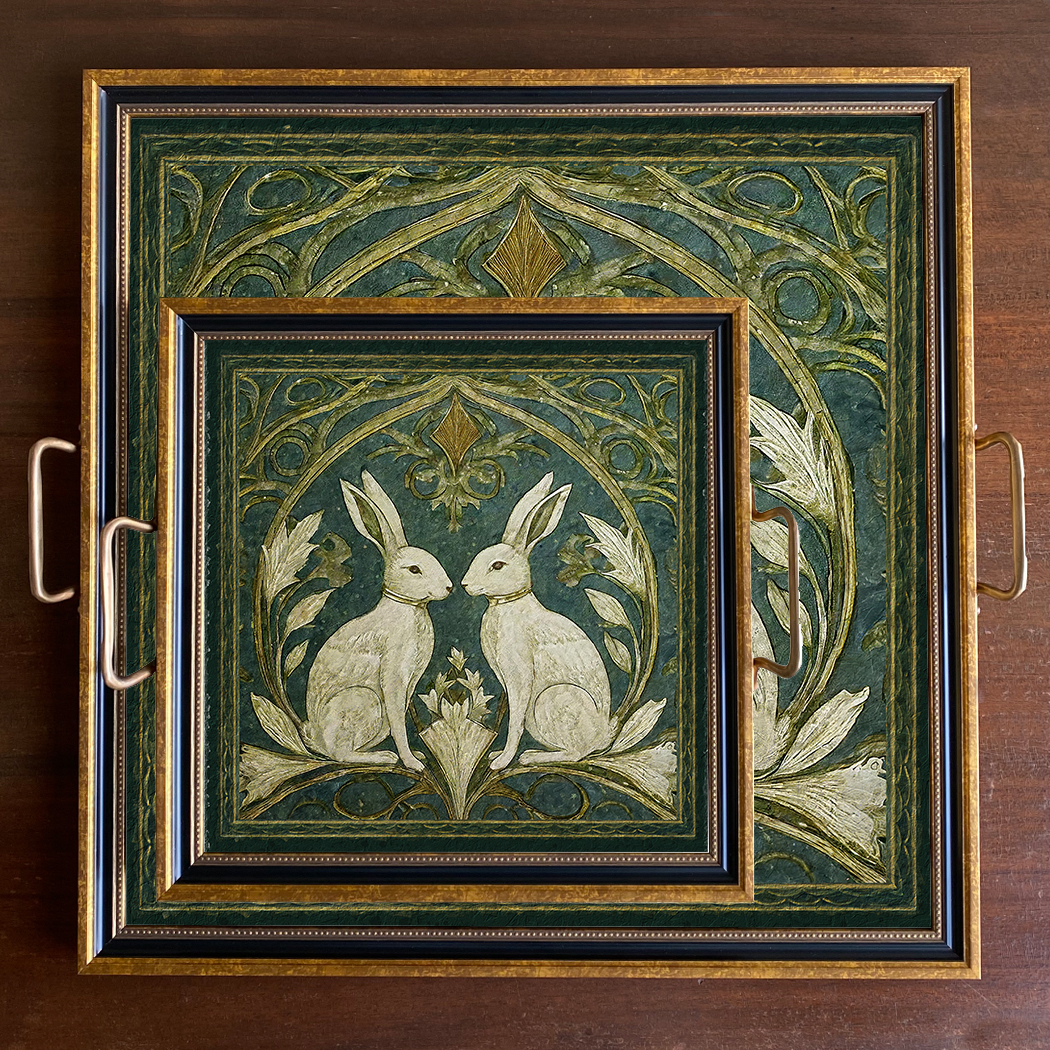 Easter Botanical/Zoological Two Rabbits Art Nouveau Style Print or Decorative Tray