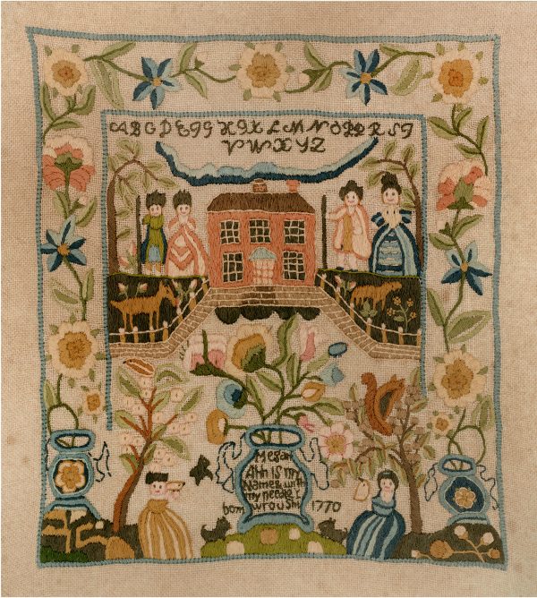 Prints Early American Megan Ann 1770 Antique Embroidery Needlepoint Sampler Framed PRINT