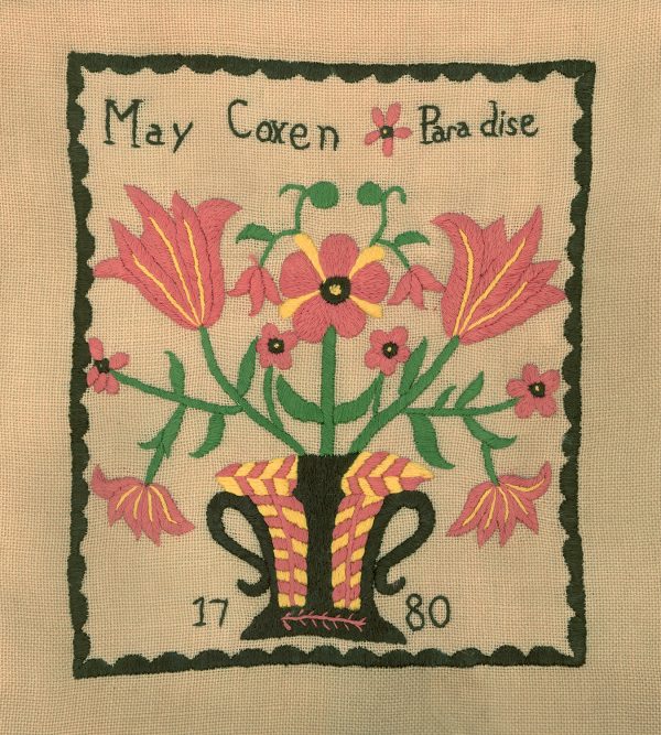 Prints Early American May Coxen Paradise 1780 Antique Embroidery Needlepoint Sampler Framed PRINT