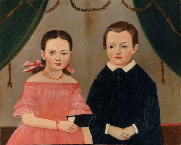 Painting Prints on Canvas Primitive Girl in Pink with Brother