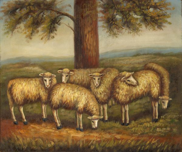 Farm/Pastoral Early American Flock of Six Sheep in a Meadow