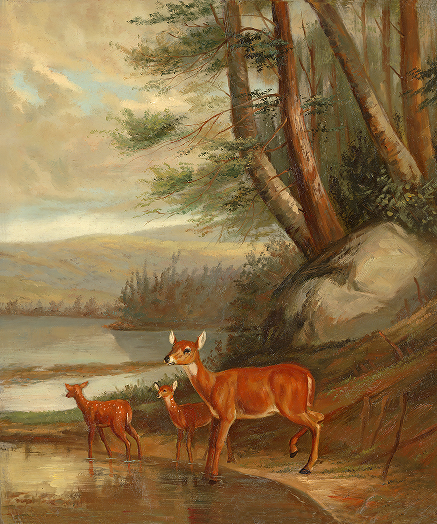 Cabin/Lodge Landscape Doe with Two Fawns After Tait