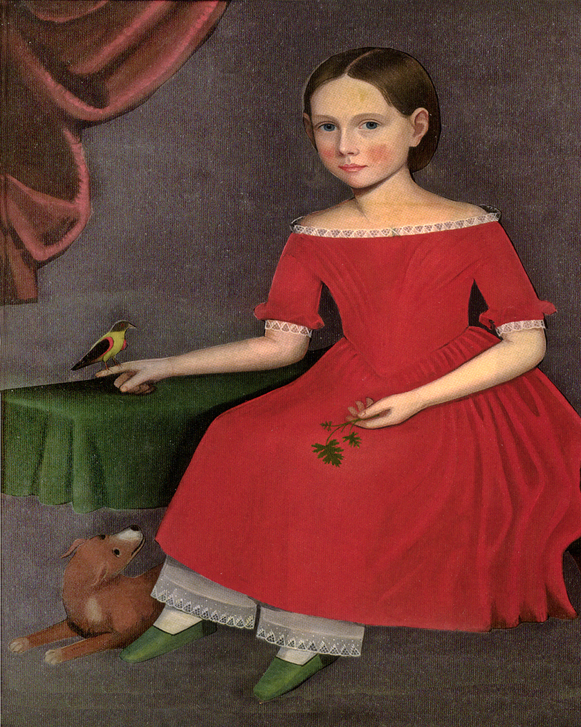 Painting Prints on Canvas Primitive Girl with Dog and Bird