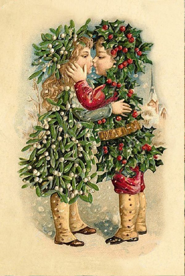 Holiday Christmas Mistletoe and Holly Postcard Framed Print