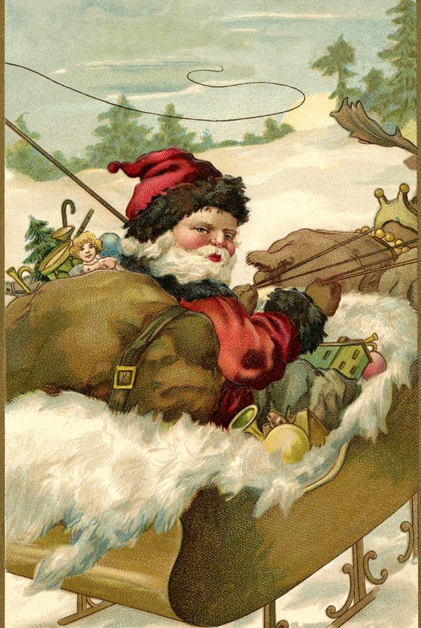 Christmas Decor Christmas Santa in Sled Framed Victorian Christmas Postcard Print on Canvas