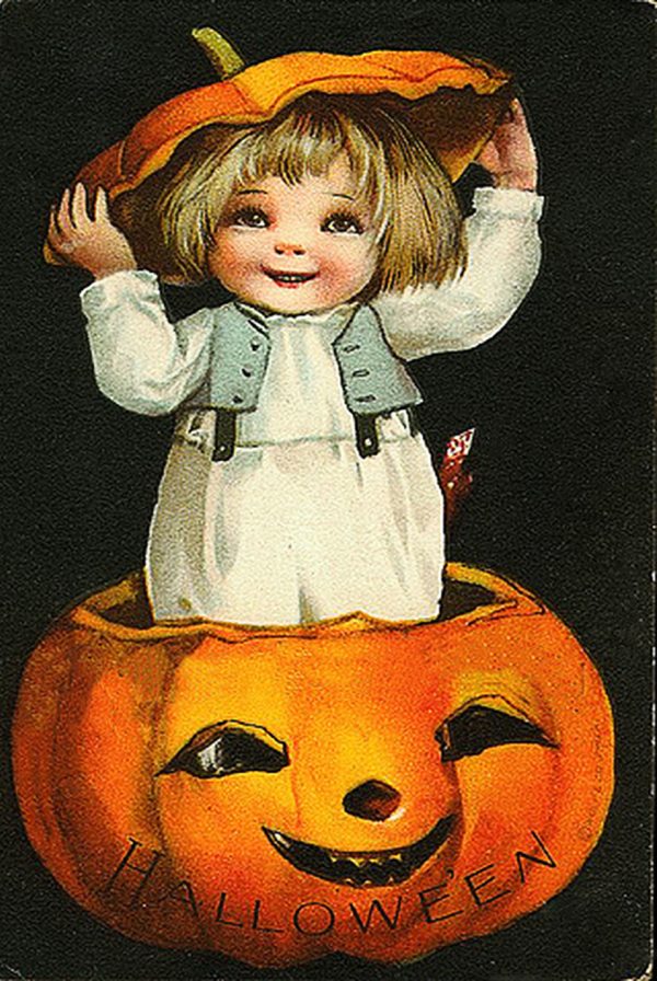 Holiday Halloween Child in a Pumpkin Framed Postcard Print on Canvas