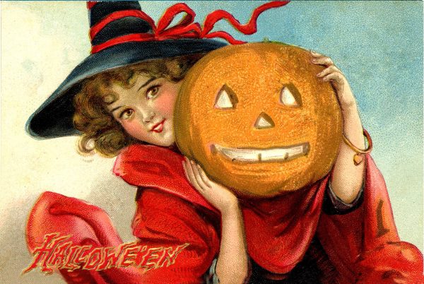 Holiday Halloween Girl and Pumpkin Framed Postcard Print on Canvas