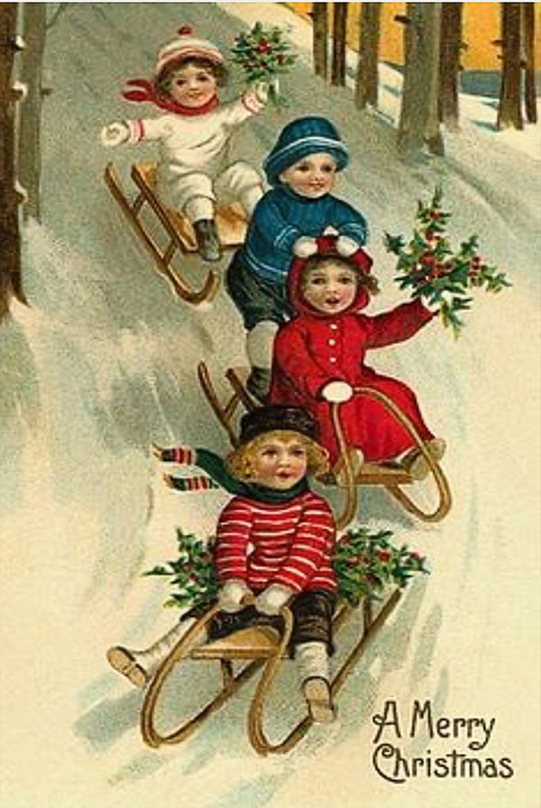 Christmas Decor Christmas Victorian Children Christmas Sledding Framed Postcard Print on Canvas