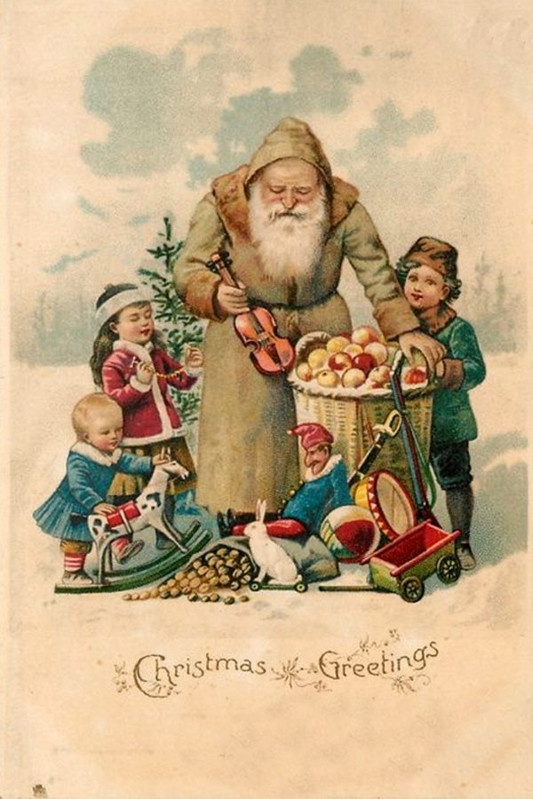 Christmas Decor Christmas Victorian Santa and Children Framed Postcard Print on Canvas