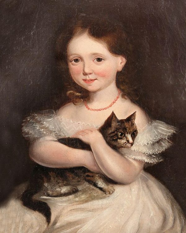 Painting Prints on Canvas Primitive Girl with Cat