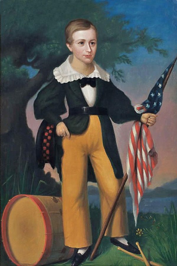 Painting Prints on Canvas Primitive Boy with Flag and Drum