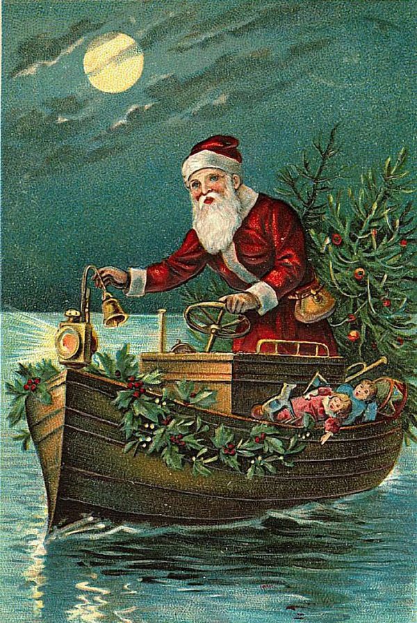 Christmas Decor Christmas Santa Delivering Toys by Boat Framed Postcard Print on Canvas